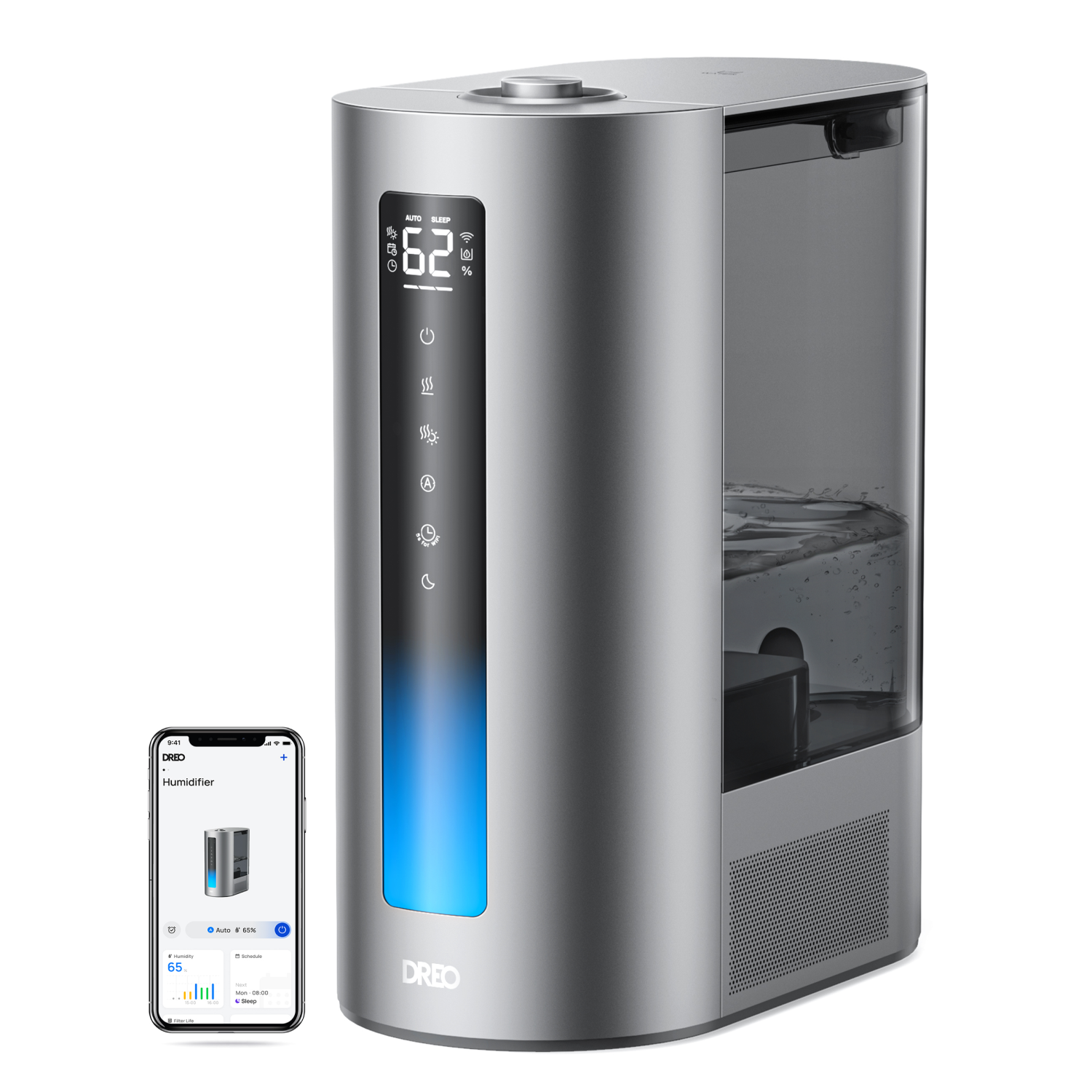 umidificator dreo 713s, smart, wifi, rezervor 6l, capacitate de umidificare 300 ml/h rece si 500 ml/h cald, argintiu